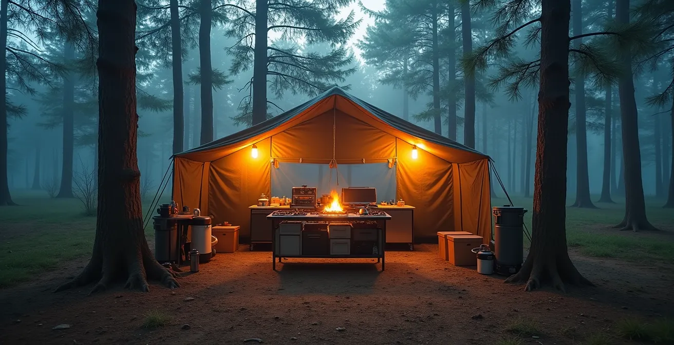 Vue d'ensemble d'un espace de cuisson camping avec plancha et accessoires